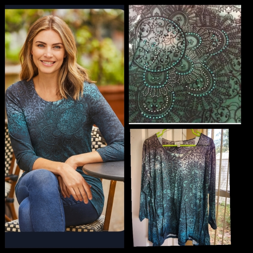 Dress Barn Brown & Green Rhinestone Embellished Tunic Top Plus Size 1X●